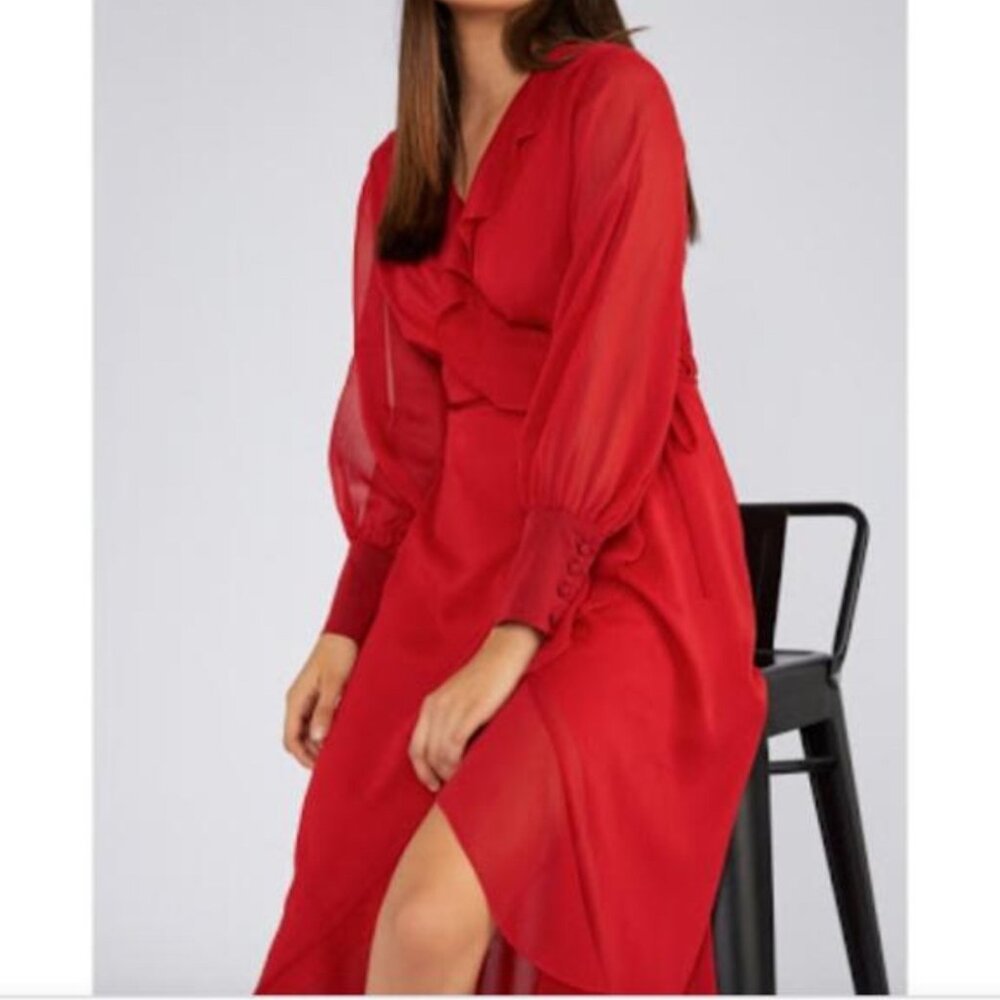 Red Wrap (Anvelop) Chiffon Dress – Long Sleeve – Like New